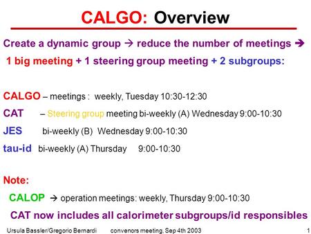 Ursula Bassler/Gregorio Bernardi1convenors meeting, Sep 4th 2003 CALGO: Overview Create a dynamic group  reduce the number of meetings  1 big meeting.