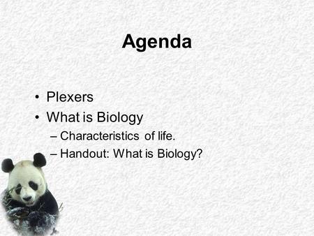 Agenda Plexers What is Biology Characteristics of life.