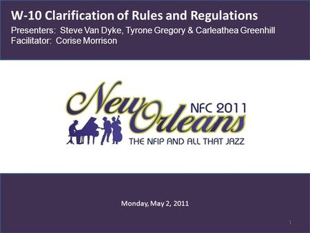 Monday, May 2, 2011 W-10 Clarification of Rules and Regulations Presenters: Steve Van Dyke, Tyrone Gregory & Carleathea Greenhill Facilitator: Corise Morrison.