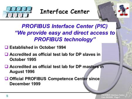 PROFIBUS Interface Center Date 09/20/00, Page 1 Interface Center s  Established in October 1994  Accredited as official test lab for DP slaves in October.