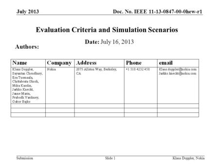 Doc. No. IEEE 11-13-0847-00-0hew-r1 Submission July 2013 Klaus Doppler, NokiaSlide 1 Evaluation Criteria and Simulation Scenarios Date: July 16, 2013 Authors:
