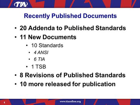 Recently Published Documents 20 Addenda to Published Standards 11 New Documents 10 Standards 4 ANSI 6 TIA 1 TSB 8 Revisions of Published Standards 10 more.
