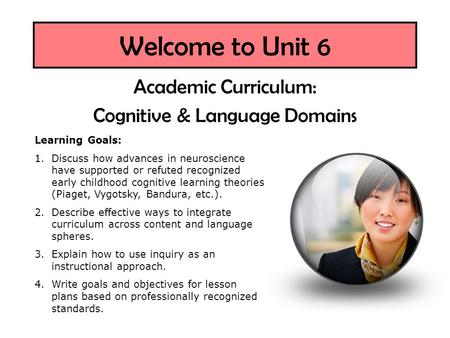 Welcome to Unit 6 Academic Curriculum: Cognitive & Language Domains Learning Goals: 1.Discuss how advances in neuroscience have supported or refuted recognized.