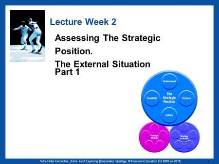 Tutor Peter Considine. (Core Text Exploring (Corporate) Strategy, © Pearson Education Ltd 2008 or 2011) 1 Lecture Week 2 Assessing The Strategic Position.