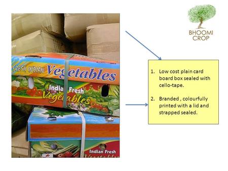 1.Low cost plain card board box sealed with cello-tape. 2.Branded, colourfully printed with a lid and strapped sealed.