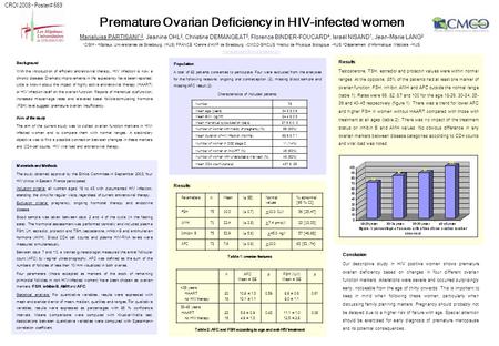 Results Premature Ovarian Deficiency in HIV-infected women Marialuisa PARTISANI 1,2, Jeanine OHL 2, Christine DEMANGEAT 3, Florence BINDER-FOUCARD 4, Israël.