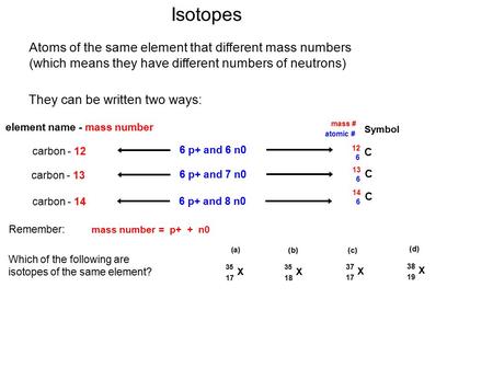 Isotopes Atoms of the same element that different mass numbers