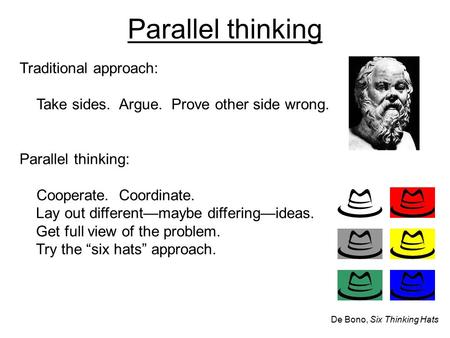 Parallel thinking Traditional approach: Take sides. Argue. Prove other side wrong. Parallel thinking: Cooperate. Coordinate. Lay out different—maybe differing—ideas.
