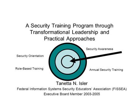 A Security Training Program through Transformational Leadership and Practical Approaches Tanetta N. Isler Federal Information Systems Security Educators’