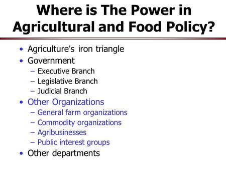 Where is The Power in Agricultural and Food Policy? Agriculture ’ s iron triangle Government –Executive Branch –Legislative Branch –Judicial Branch Other.
