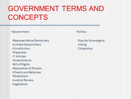 GOVERNMENT TERMS AND CONCEPTS GovernmentPolitics Representative DemocracyPopular Sovereignty Limited GovernmentVoting ConstitutionCitizenship Preamble.