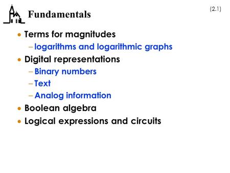(2.1) Fundamentals  Terms for magnitudes – logarithms and logarithmic graphs  Digital representations – Binary numbers – Text – Analog information 