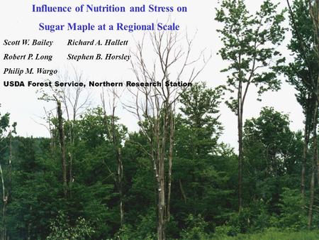 Influence of Nutrition and Stress on Sugar Maple at a Regional Scale Scott W. BaileyRichard A. Hallett Robert P. Long Stephen B. Horsley Philip M. Wargo.