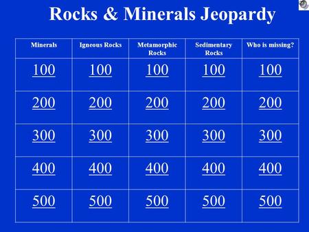 Rocks & Minerals Jeopardy MineralsIgneous RocksMetamorphic Rocks Sedimentary Rocks Who is missing? 100 200 300 400 500.