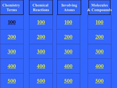 200 300 400 500 100 200 300 400 500 100 200 300 400 500 100 200 300 400 500 100 Chemistry Terms Chemical Reactions Involving Atoms Molecules & Compounds.