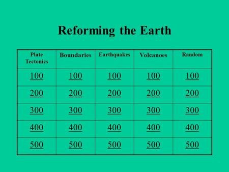 Reforming the Earth Plate Tectonics Boundaries Earthquakes Volcanoes Random 100 200 300 400 500.