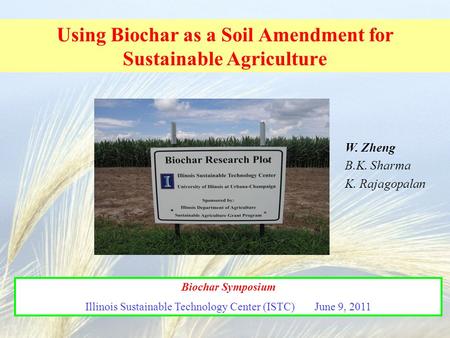 Using Biochar as a Soil Amendment for Sustainable Agriculture Biochar Symposium Illinois Sustainable Technology Center (ISTC) June 9, 2011 W. Zheng B.K.