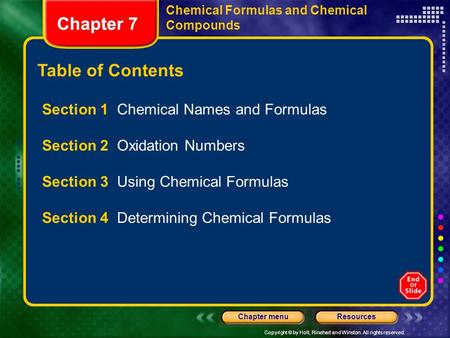 Copyright © by Holt, Rinehart and Winston. All rights reserved. ResourcesChapter menu Chapter 7 Table of Contents Chapter 7 Section 1 Chemical Names and.