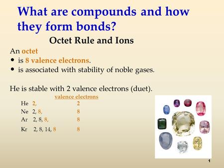 What are compounds and how they form bonds? Octet Rule and Ions An octet is 8 valence electrons. is associated with stability of noble gases. He is stable.
