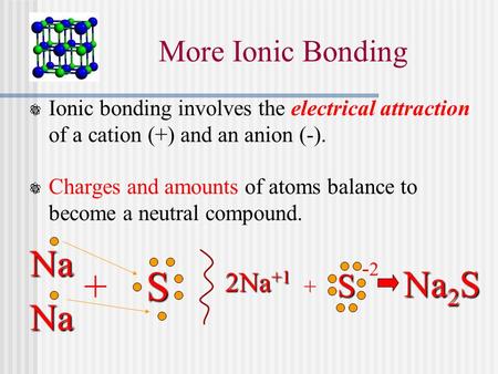 S + Na Na2S Na More Ionic Bonding 2Na+1