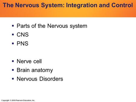 Copyright © 2009 Pearson Education, Inc. The Nervous System: Integration and Control  Parts of the Nervous system  CNS  PNS  Nerve cell  Brain anatomy.