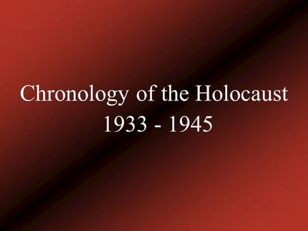 1933 - 1945 Chronology of the Holocaust. January 30, 1933 Adolf Hitler is appointed the Chancellor. He is the supreme leader of the NSDAP( National Socialist.
