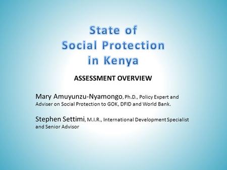 ASSESSMENT OVERVIEW Mary Amuyunzu-Nyamongo, Ph.D., Policy Expert and Adviser on Social Protection to GOK, DFID and World Bank. Stephen Settimi, M.I.R.,