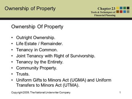 Ownership of Property Chapter 23 Tools & Techniques of Financial Planning Copyright 2009, The National Underwriter Company1 Ownership Of Property Outright.