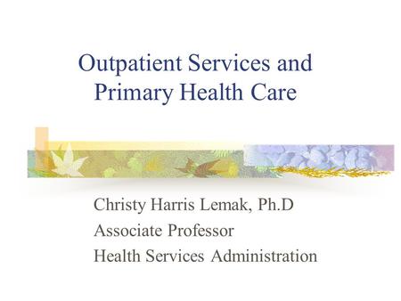 Outpatient Services and Primary Health Care Christy Harris Lemak, Ph.D Associate Professor Health Services Administration.