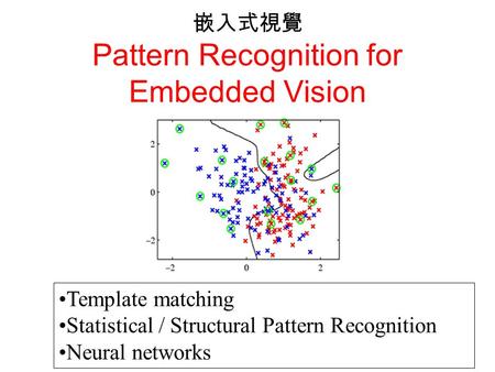 嵌入式視覺 Pattern Recognition for Embedded Vision Template matching Statistical / Structural Pattern Recognition Neural networks.