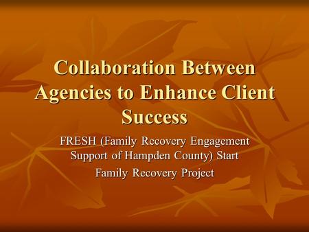 Collaboration Between Agencies to Enhance Client Success FRESH (Family Recovery Engagement Support of Hampden County) Start Family Recovery Project.