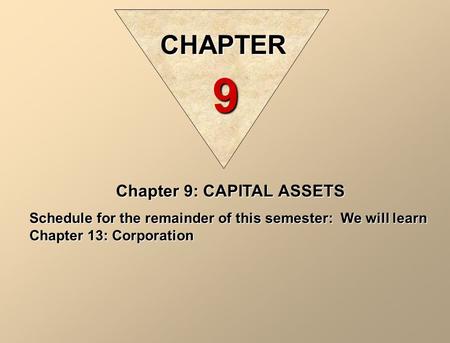Chapter 9: CAPITAL ASSETS Schedule for the remainder of this semester: We will learn Chapter 13: Corporation CHAPTER 9.