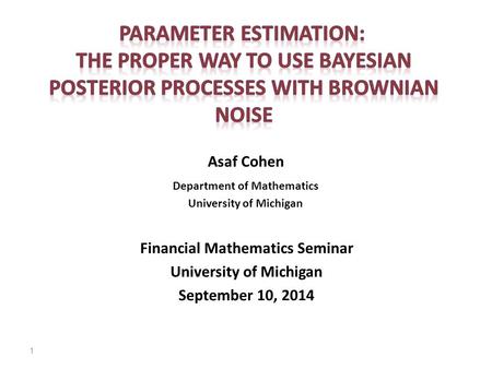 Asaf Cohen Department of Mathematics University of Michigan Financial Mathematics Seminar University of Michigan September 10, 2014 1.