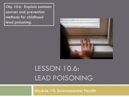 LESSON 10.6: LEAD POISONING Module 10: Environmental Health Obj. 10.6: Explain common sources and prevention methods for childhood lead poisoning.