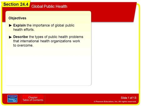 Section 24.4 Global Public Health Slide 1 of 13 Objectives Explain the importance of global public health efforts. Describe the types of public health.
