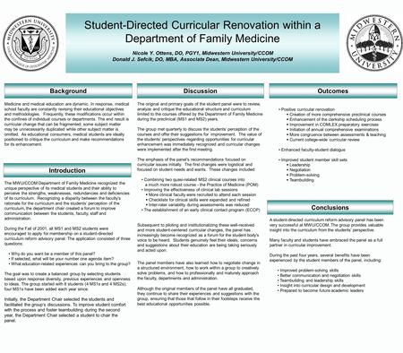 Student-Directed Curricular Renovation within a Department of Family Medicine Nicole Y. Ottens, DO, PGY1, Midwestern University/CCOM Donald J. Sefcik,