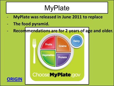 MyPlate ORIGIN MyPlate was released in June 2011 to replace