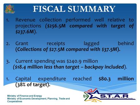 FISCAL SUMMARY Ministry of Finance and Energy Ministry of Economic Development, Planning, Trade and Cooperatives 1.Revenue collection performed well relative.