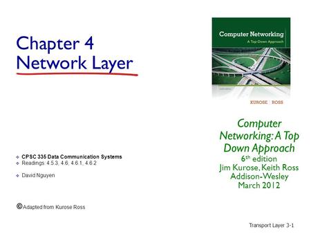 Transport Layer 3-1 Chapter 4 Network Layer Computer Networking: A Top Down Approach 6 th edition Jim Kurose, Keith Ross Addison-Wesley March 2012  CPSC.
