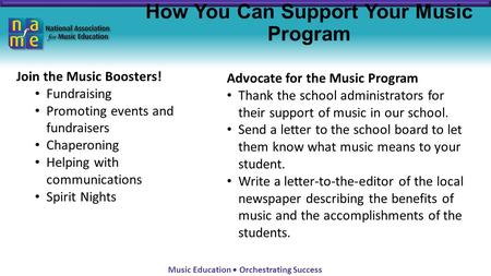 Music Education Orchestrating Success How You Can Support Your Music Program Join the Music Boosters! Fundraising Promoting events and fundraisers Chaperoning.