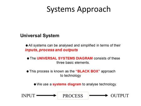 Systems Approach Universal System  We use a systems diagram to analyse technology.  All systems can be analysed and simplified in terms of their inputs,