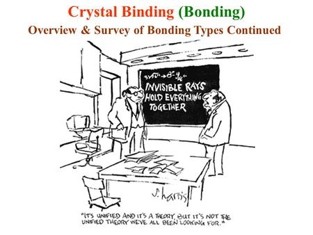 Crystal Binding (Bonding) Overview & Survey of Bonding Types Continued.