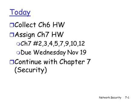 Network Security7-1 Today r Collect Ch6 HW r Assign Ch7 HW m Ch7 #2,3,4,5,7,9,10,12 m Due Wednesday Nov 19 r Continue with Chapter 7 (Security)