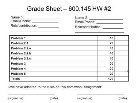 Grade Sheet – 600.145 HW #2 Name 1: __________________ Email/Phone: ______________ Role/contribution: ___________ __________________________ Name 2: __________________.