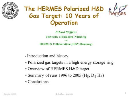 October 3, 2006E. Steffens – Spin 2006 1 The HERMES Polarized H&D Gas Target: 10 Years of Operation Erhard Steffens University of Erlangen-Nürnberg and.