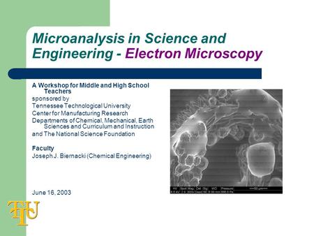 Microanalysis in Science and Engineering - Electron Microscopy A Workshop for Middle and High School Teachers sponsored by Tennessee Technological University.