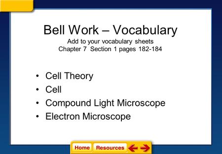 Bell Work – Vocabulary Add to your vocabulary sheets Chapter 7 Section 1 pages 182-184 Cell Theory Cell Compound Light Microscope Electron Microscope.