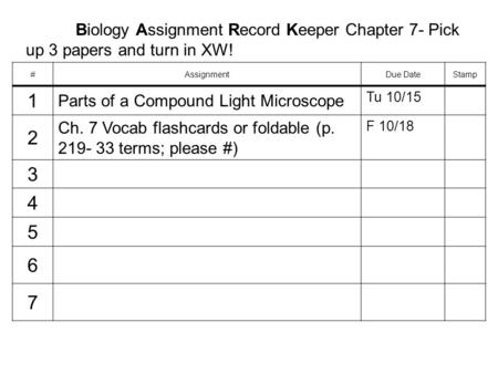 Biology Assignment Record Keeper Chapter 7- Pick up 3 papers and turn in XW! #AssignmentDue DateStamp 1 Parts of a Compound Light Microscope Tu 10/15 2.