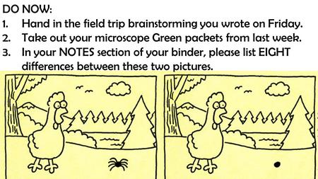 DO NOW: 1.Hand in the field trip brainstorming you wrote on Friday. 2.Take out your microscope Green packets from last week. 3.In your NOTES section of.