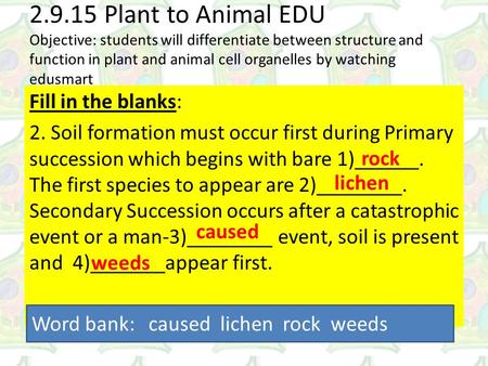 2.9.15 Plant to Animal EDU Objective: students will differentiate between structure and function in plant and animal cell organelles by watching edusmart.